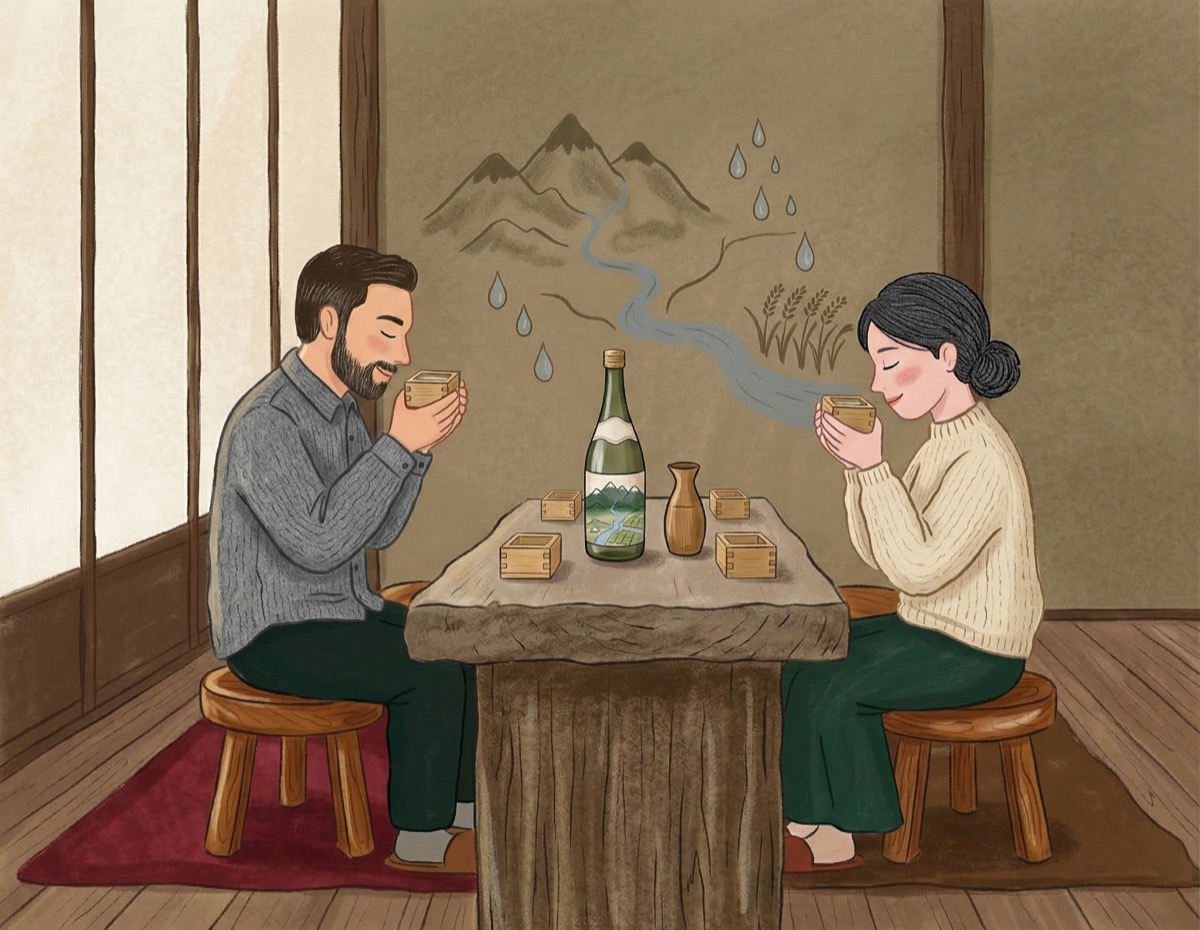 日本酒を楽しむ二人のイラスト — 升酒と風景