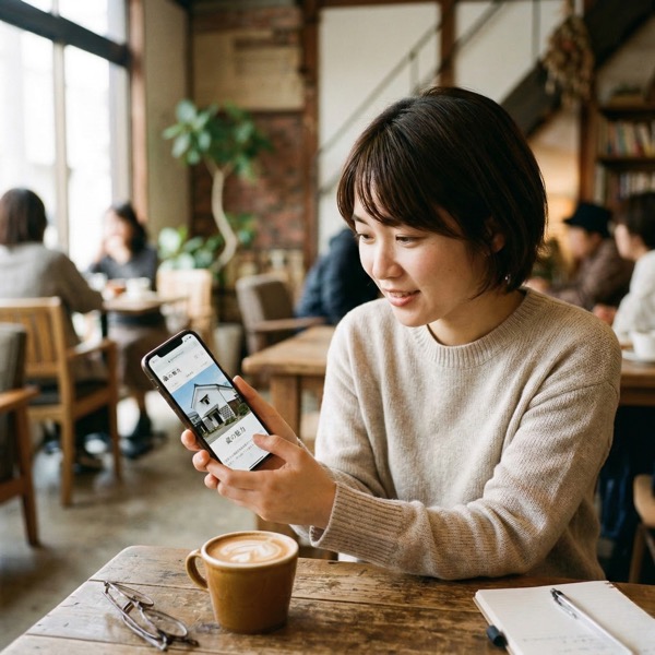 カフェでスマホで蔵ページを見ている女性