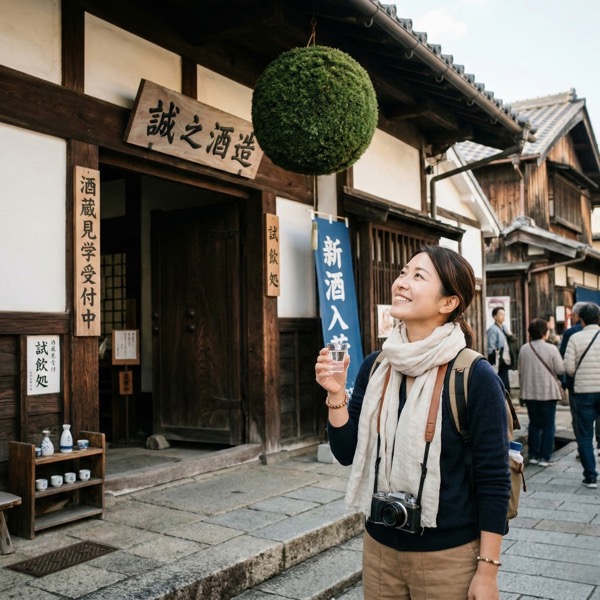 酒蔵を訪れて杉玉を見上げている女性